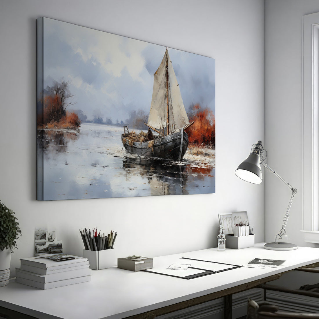 Framed canvas print of a tranquil autumn sailboat scene with mirrored waters