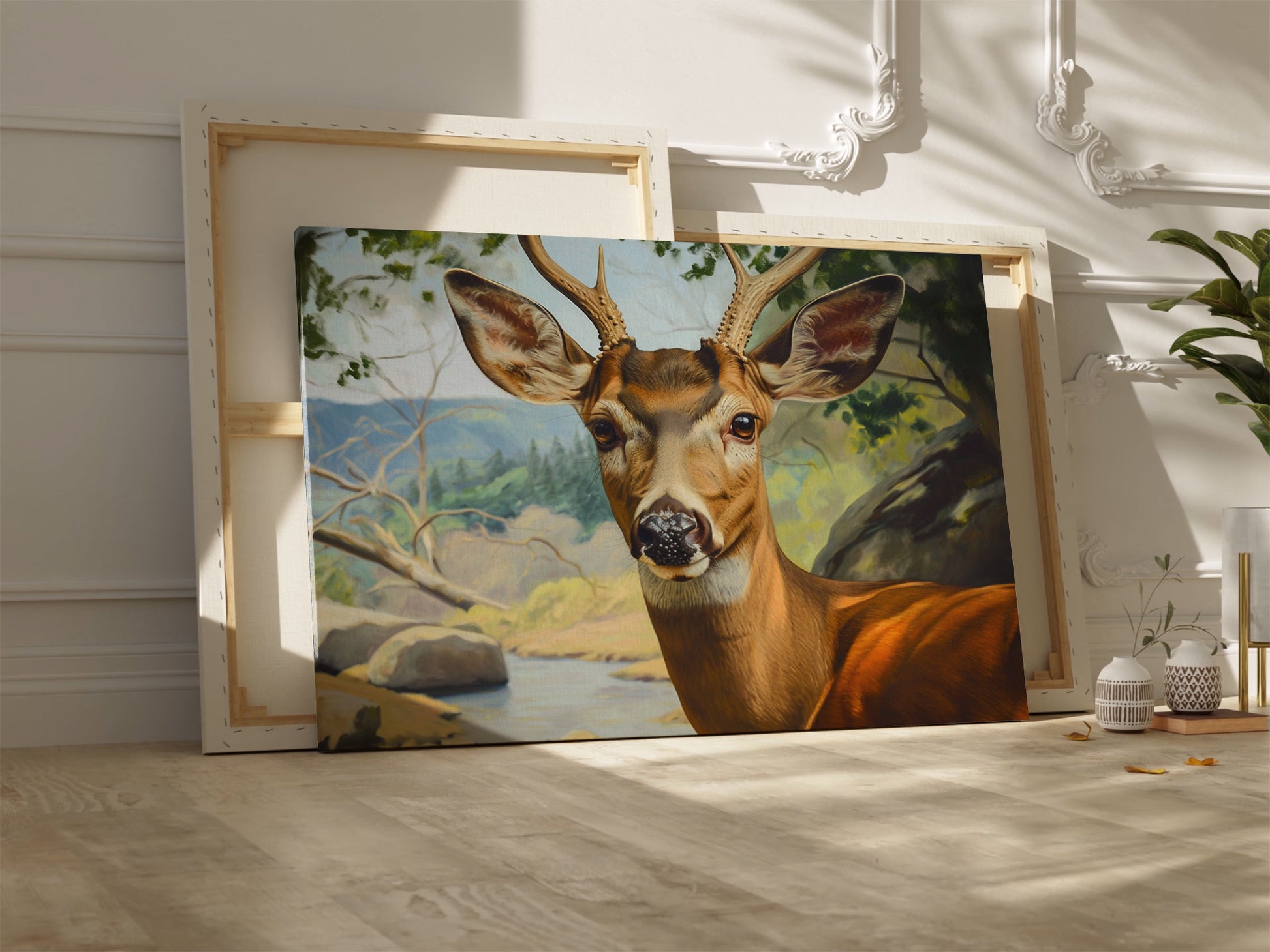 Framed canvas print of a realistic deer portrait with an endearing expression set against a detailed forest landscape