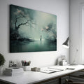 Framed canvas print of a mystical figure amidst ethereal trees and reflective waters, in pastel shades of blue and grey