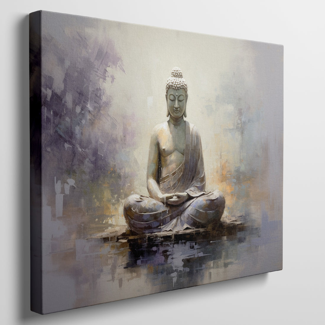 Framed canvas print depicting a serene Buddha in meditation, with textured strokes and a peaceful color palette