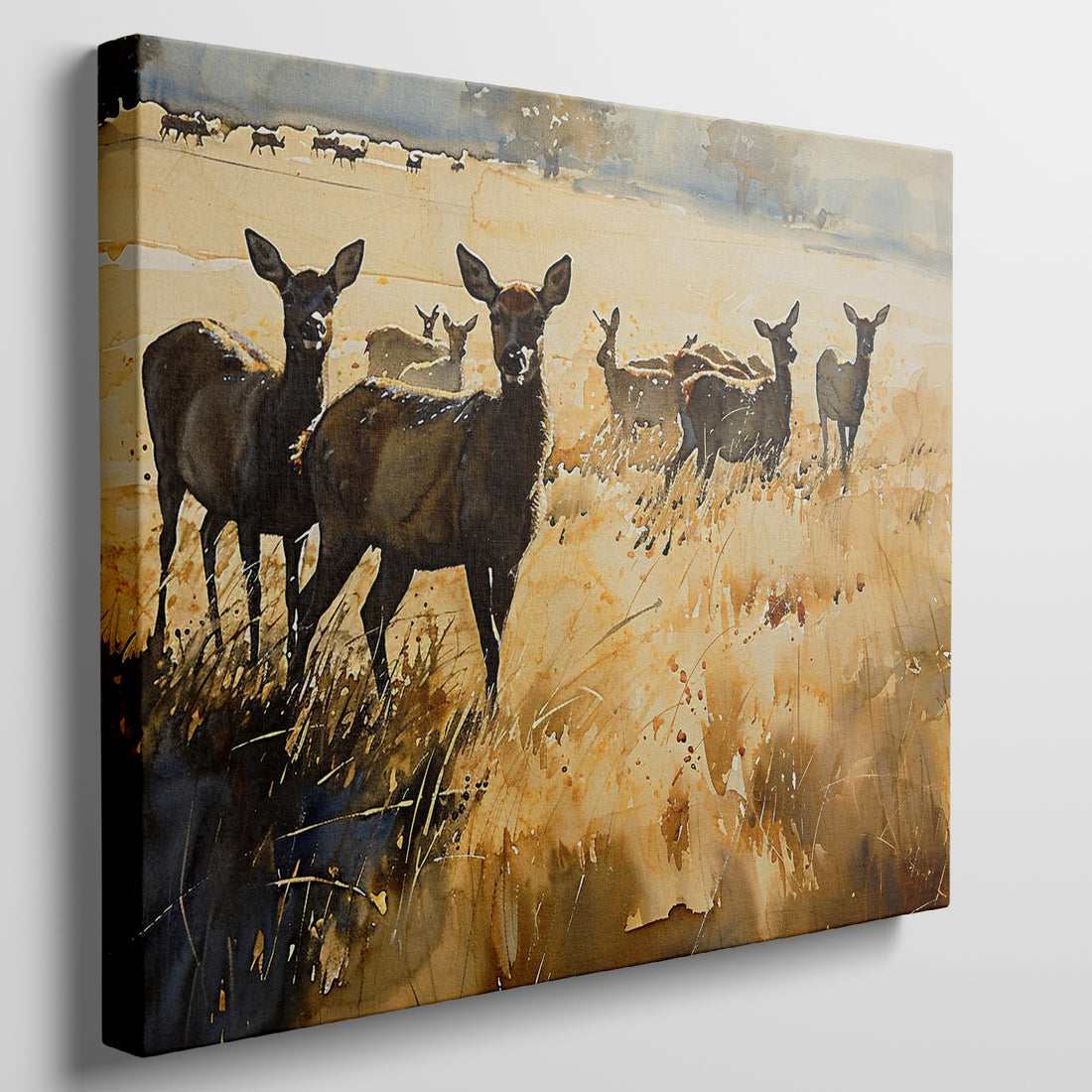 Framed canvas print of a deer herd in a golden autumn landscape with splattered paint effect.