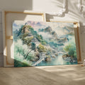 Framed canvas print of a tranquil Chinese landscape with misty mountains and historical architecture