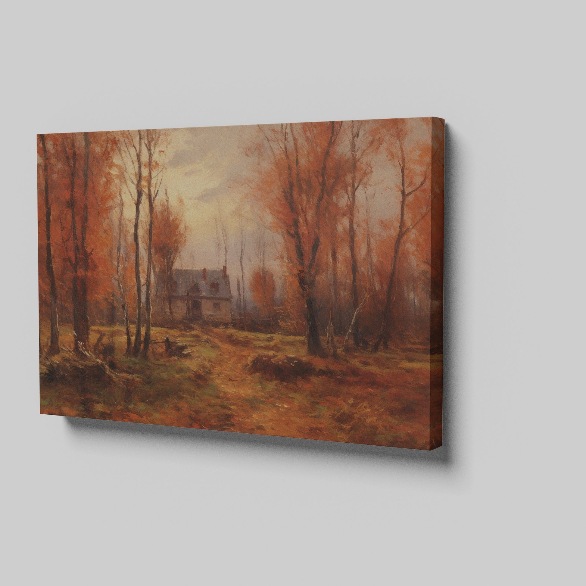 Framed canvas print of a traditional autumn forest landscape with a country house and warm red and brown tones