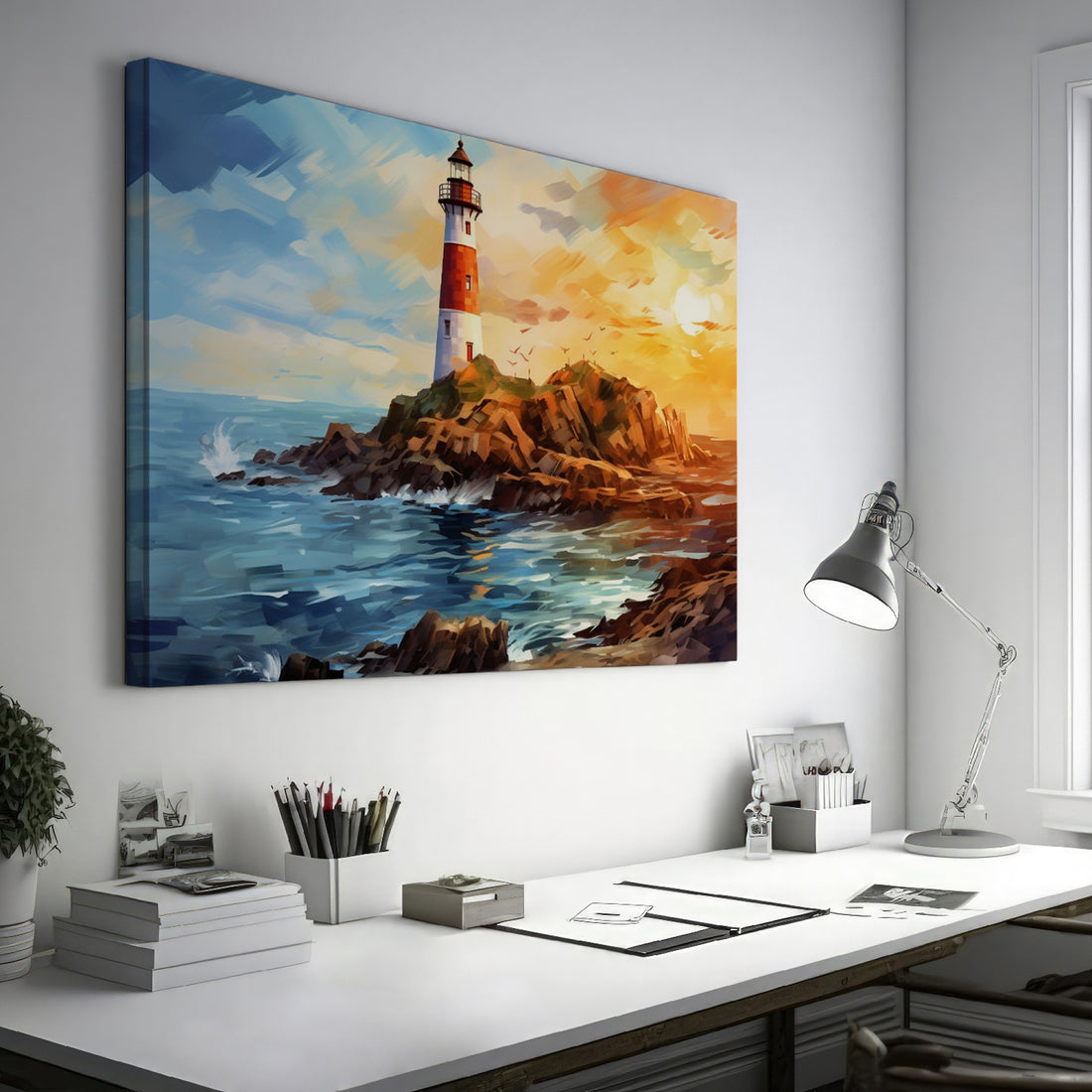 Framed canvas print of a vivid impressionist lighthouse at sunset with dynamic ocean waves