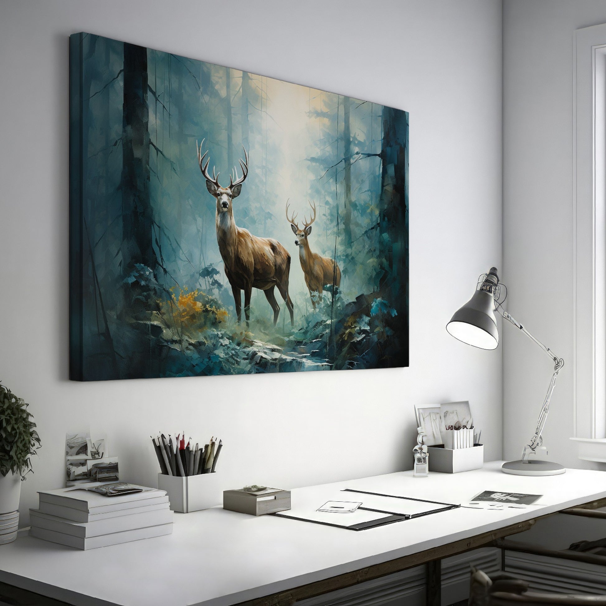 Framed canvas print of two majestic deer in a misty, sunlit forest