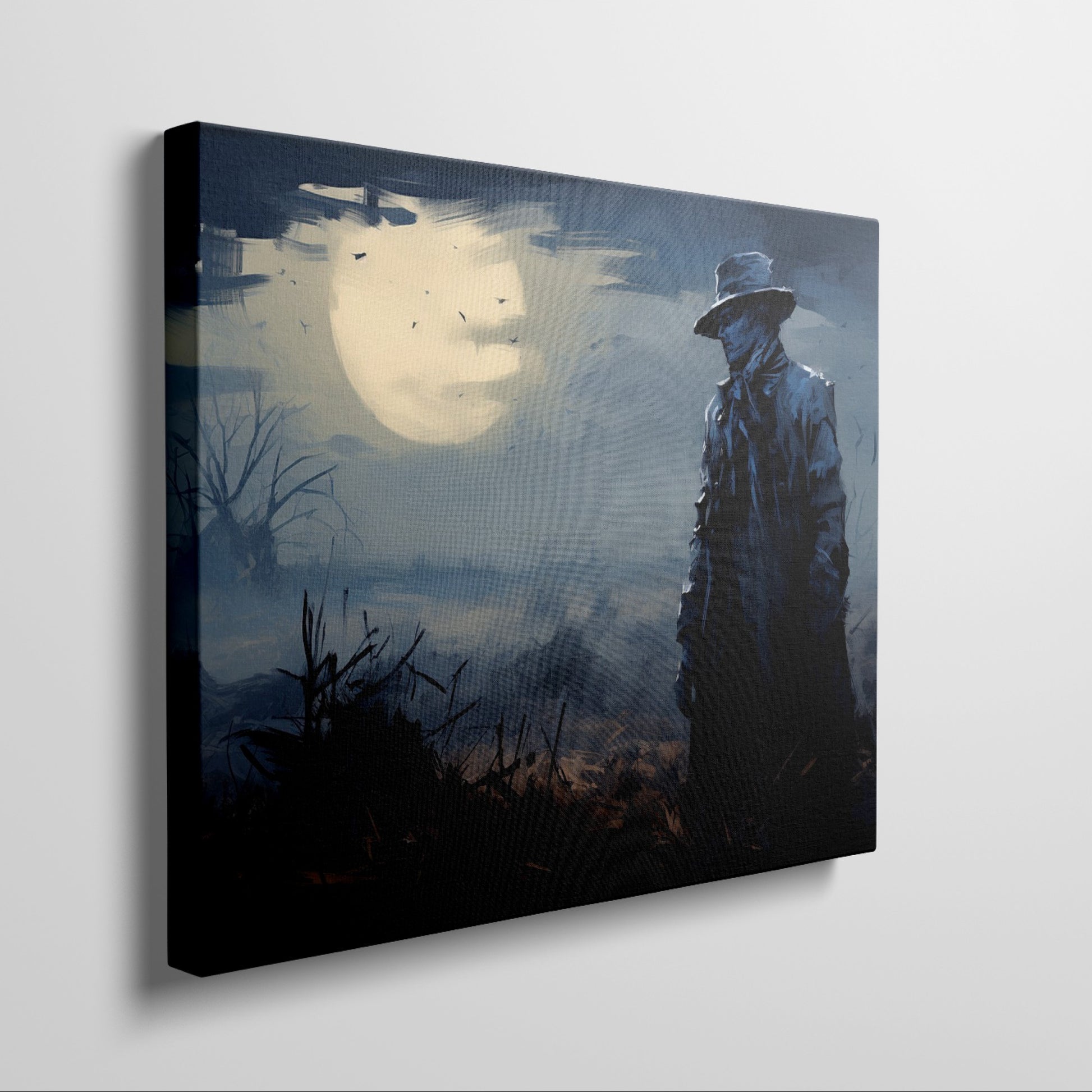 Framed canvas print of a mysterious figure under a moonlit, bird-strewn sky within a dramatic landscape