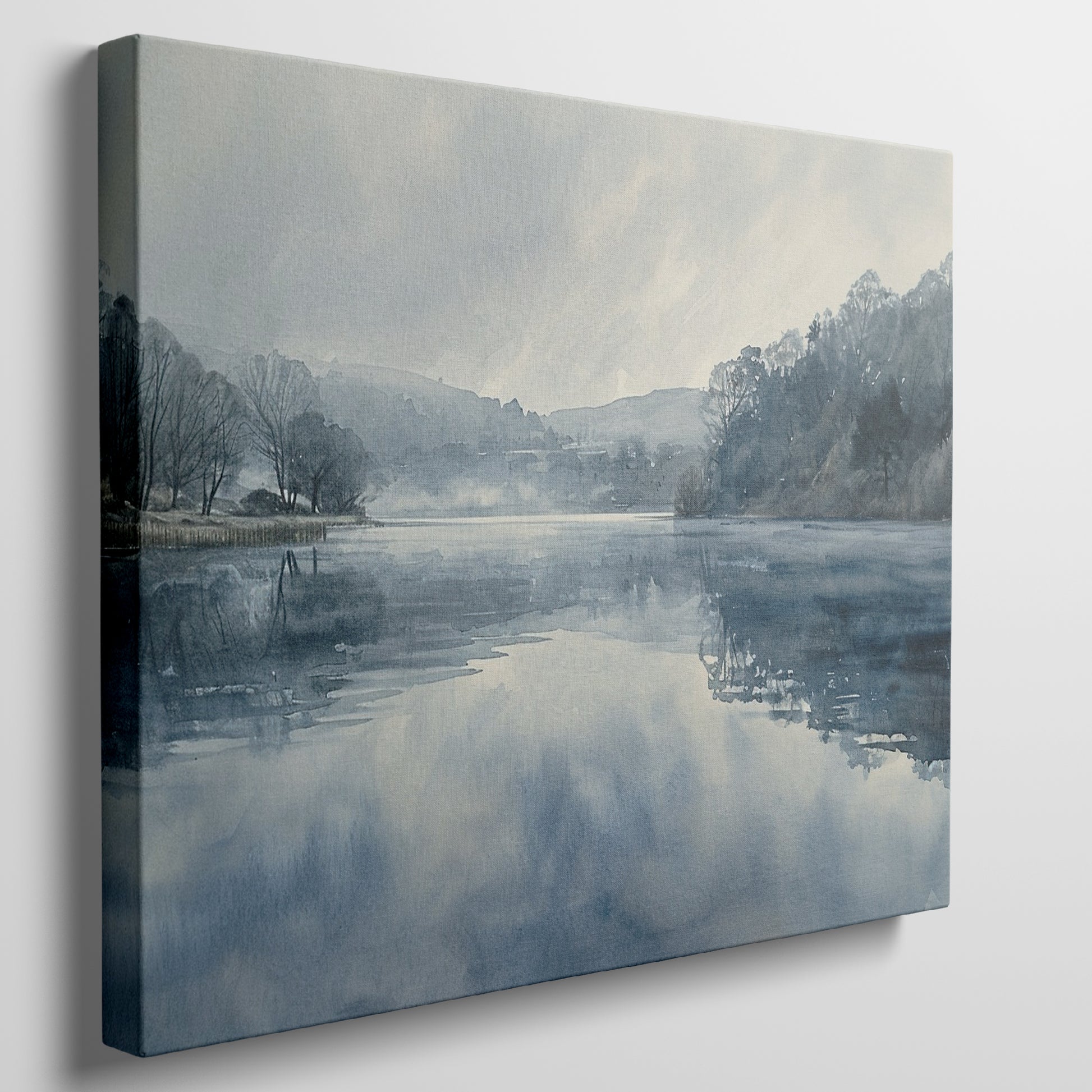 Framed canvas print of a serene lakeside watercolor painting with soft blue and grey tones