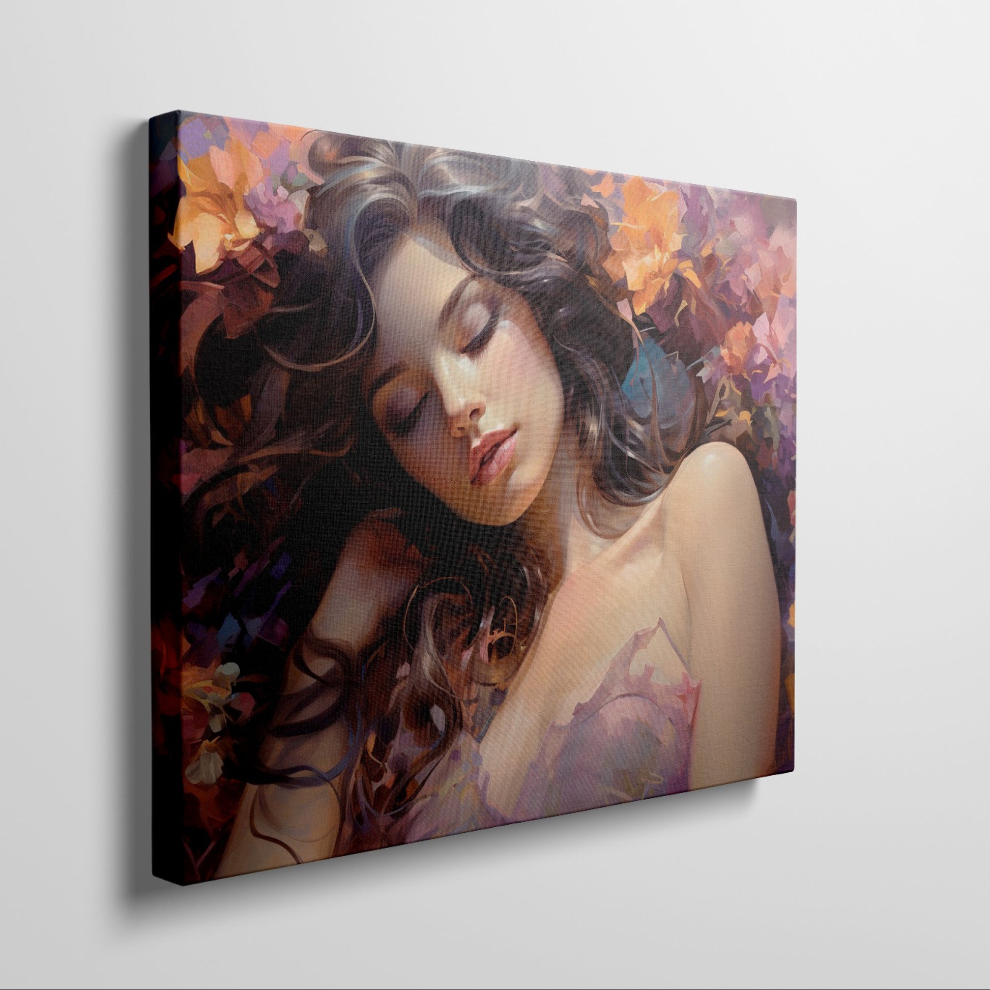 Framed canvas print of a sensuous woman amidst vibrant flowers