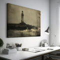 Framed canvas print of a vintage-style lighthouse on a stormy shore in sepia tones