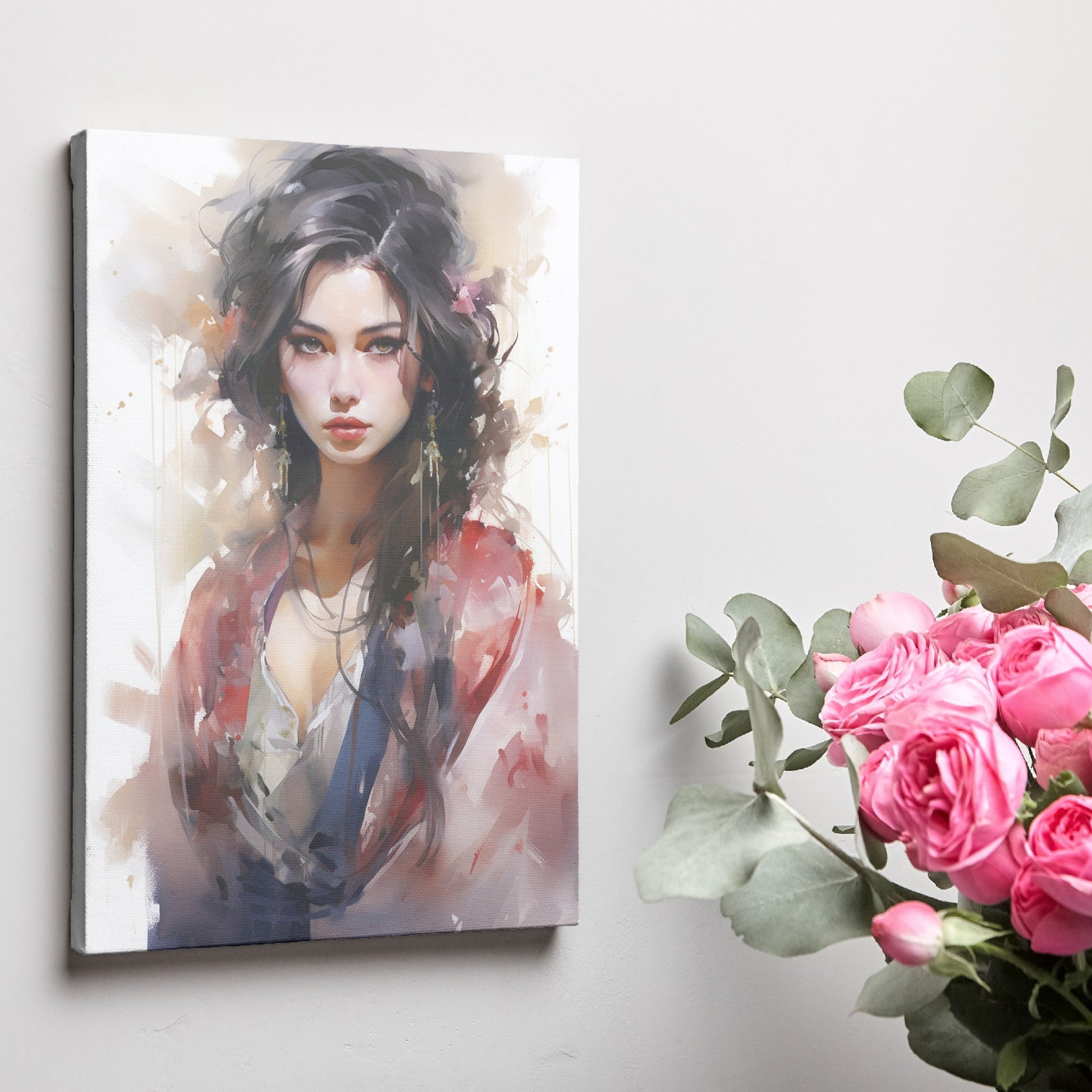 Framed canvas print of abstract female portrait with vibrant colours and watercolor style