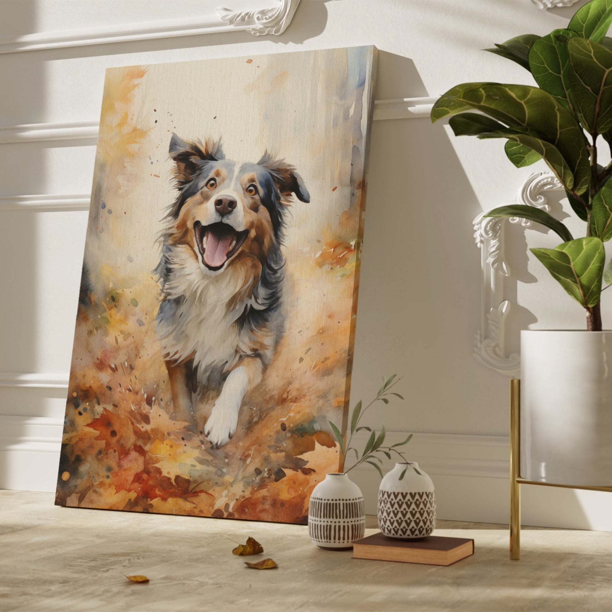 Framed canvas print of a joyful watercolour dog portrait with autumnal tones