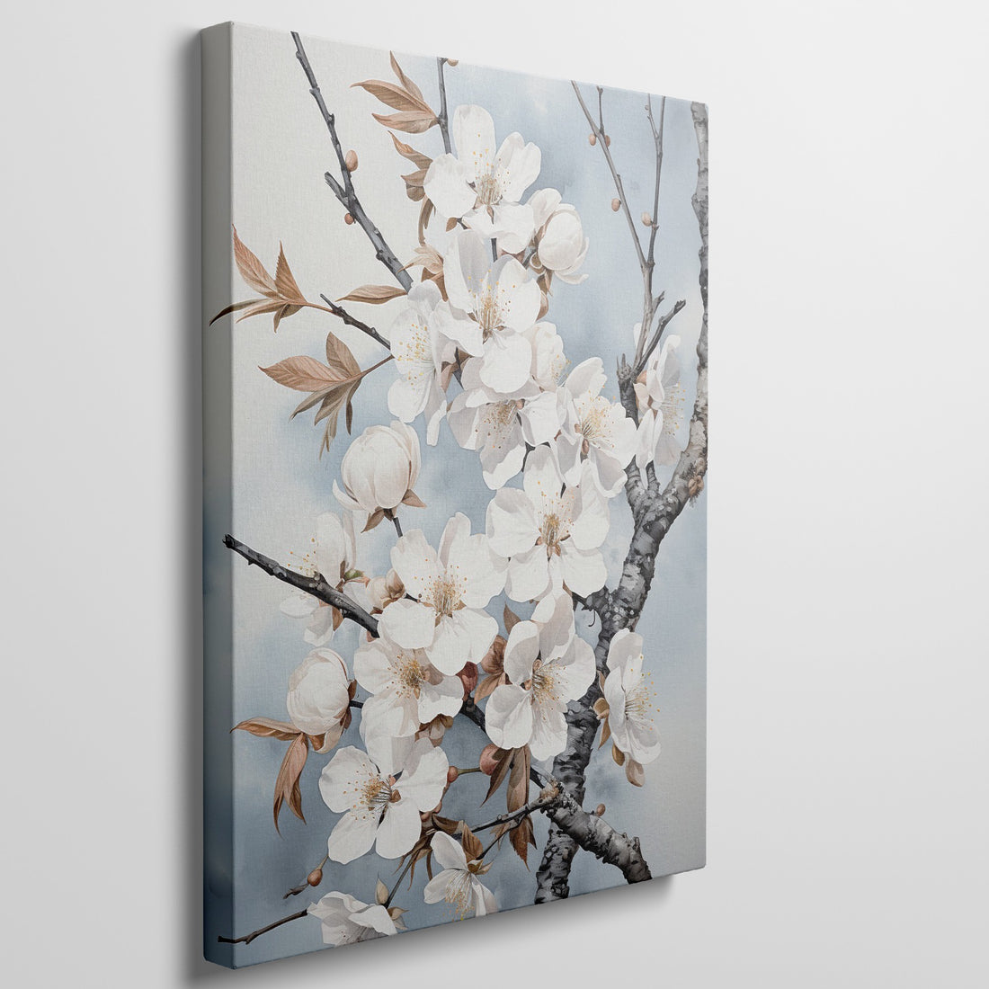 Framed canvas print of realistic cherry blossoms on a serene sky blue background