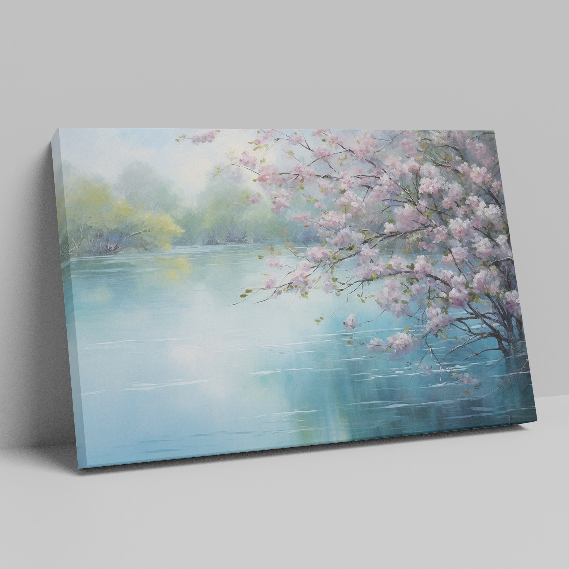 Framed canvas print of Cherry Blossoms by a Tranquil Lake with Pastel Colours