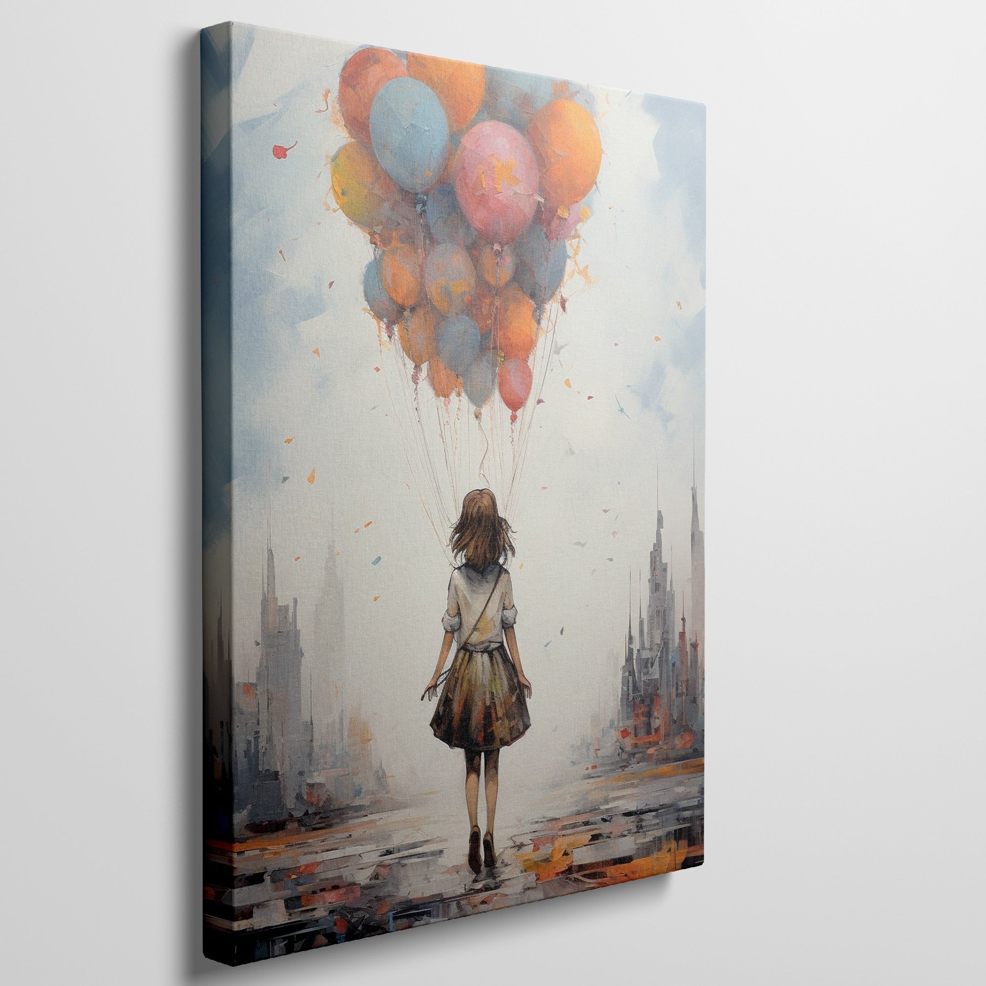 Framed canvas print of a youthful figure standing before an urban skyline, holding a cluster of colourful balloons