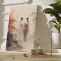 Framed canvas print of two traditional Chinese ladies in an autumnal landscape with red maples