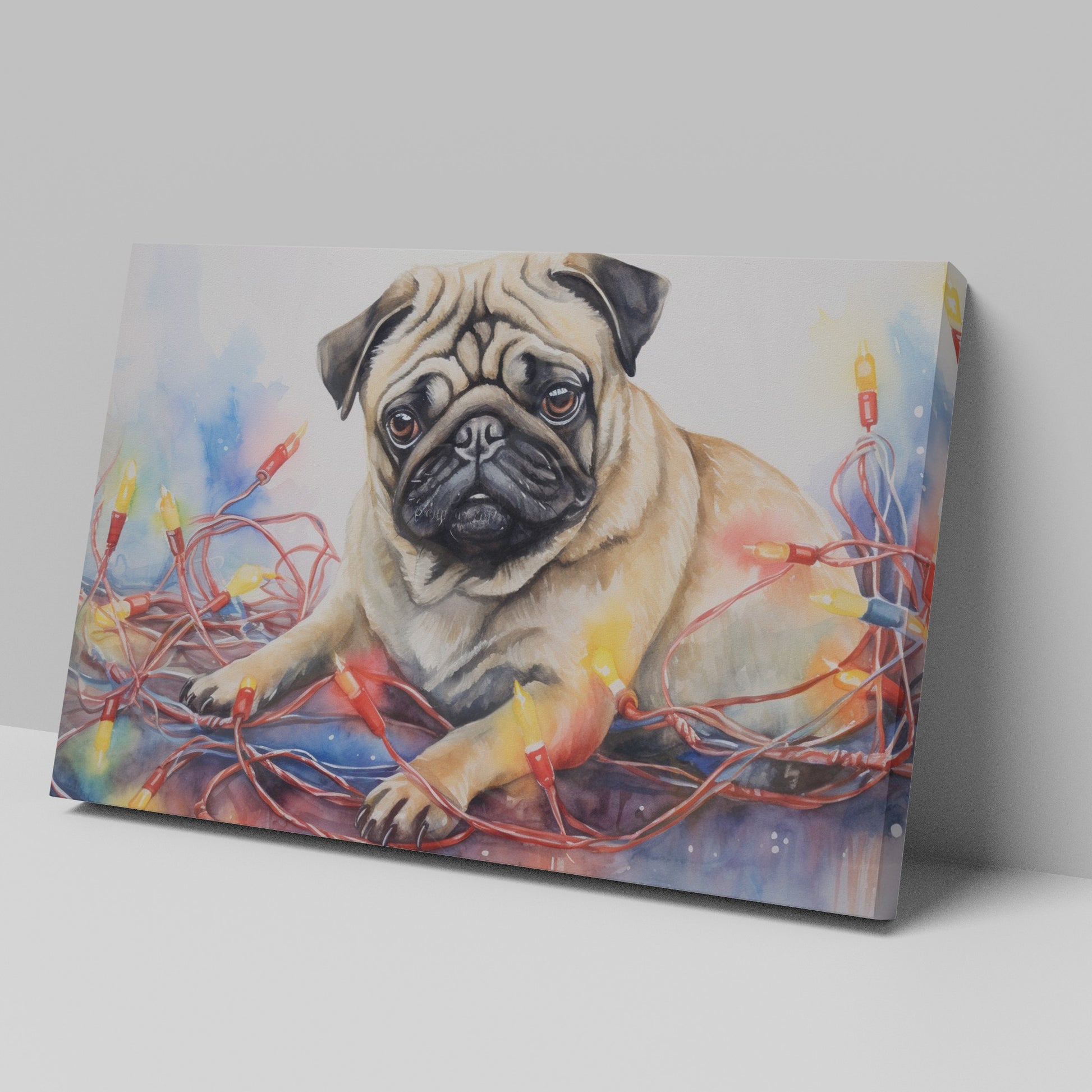 Framed canvas print of a lovable pug entwined with colourful Christmas lights in a painterly watercolour style