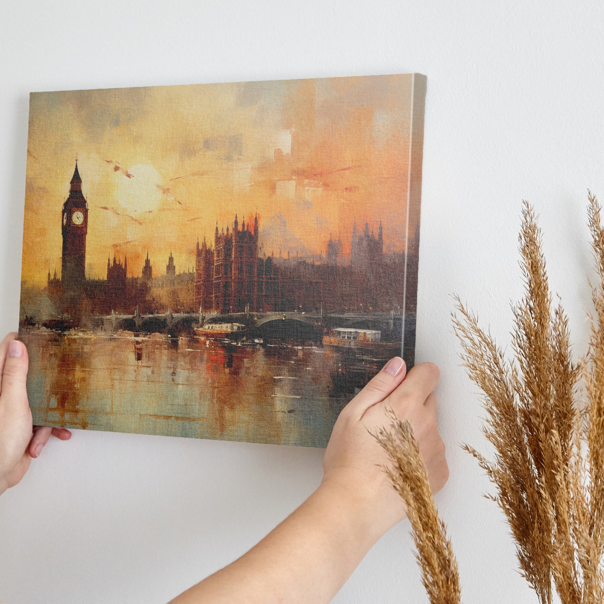 Framed canvas print of an impressionist painting featuring the London skyline with Big Ben at sunset