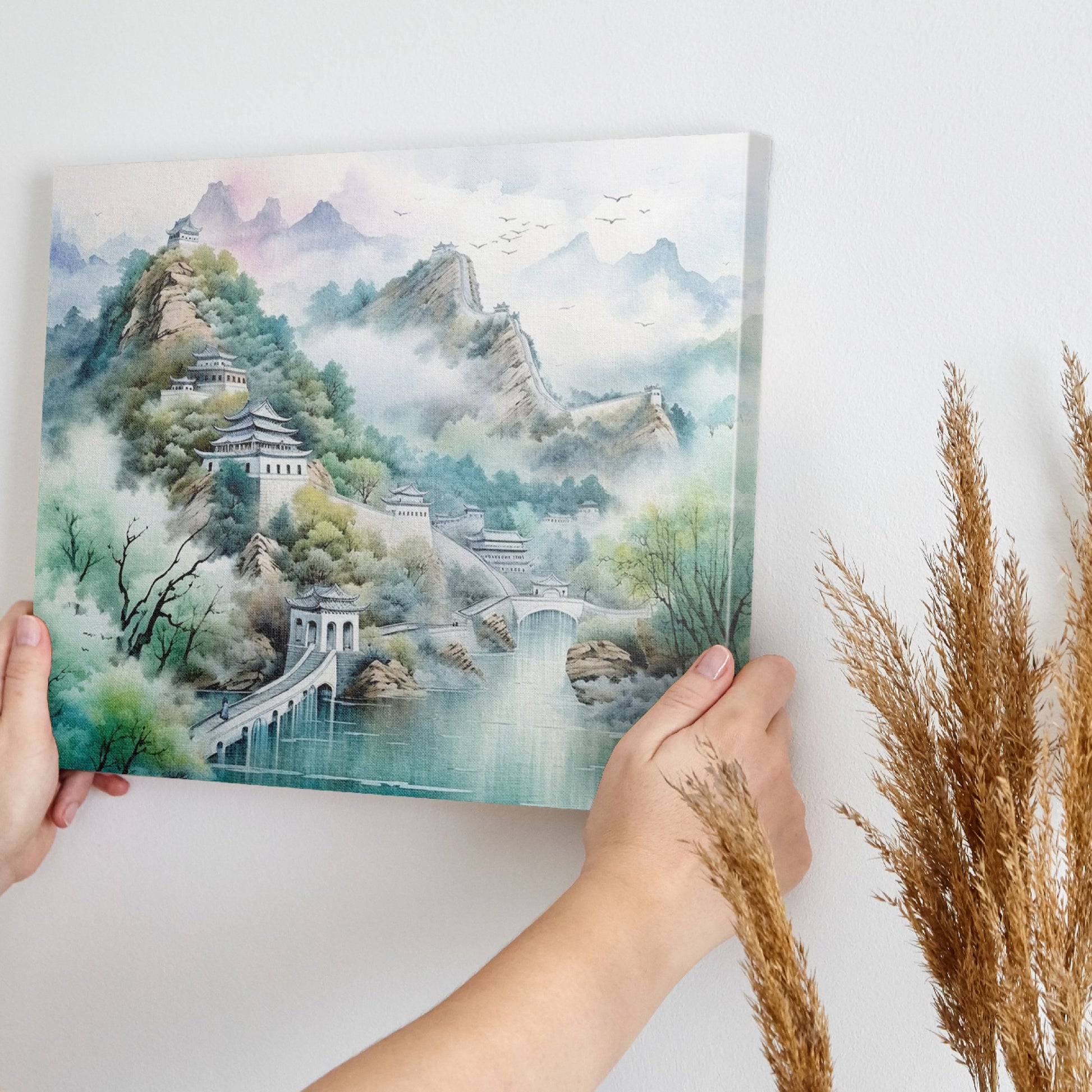 Framed canvas print of a tranquil Chinese landscape with misty mountains and historical architecture