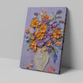 Framed canvas print of vibrant impasto-style floral bouquet with textured vase