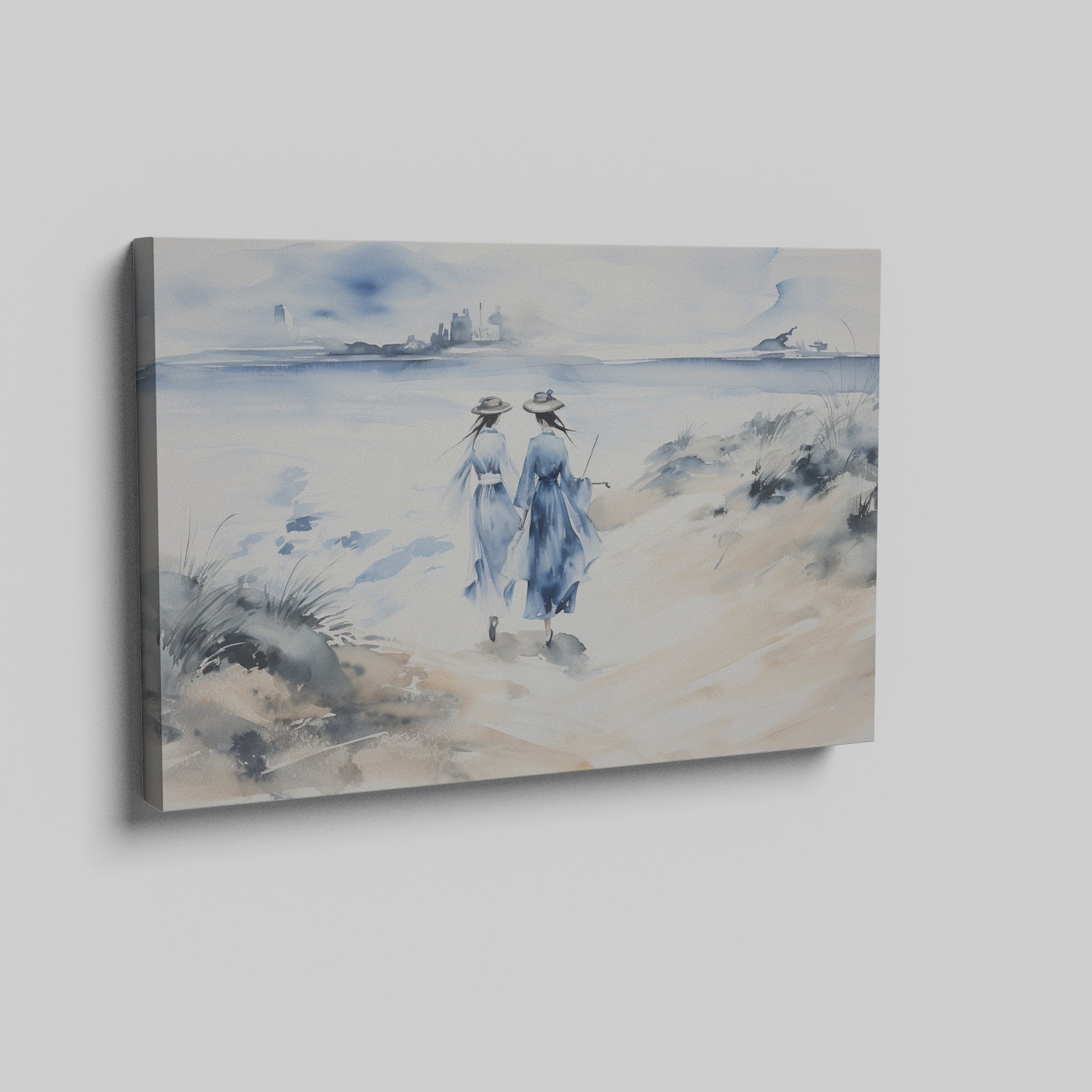 Watercolour painting of two figures in blue dresses walking towards a coastal landscape with a distant city