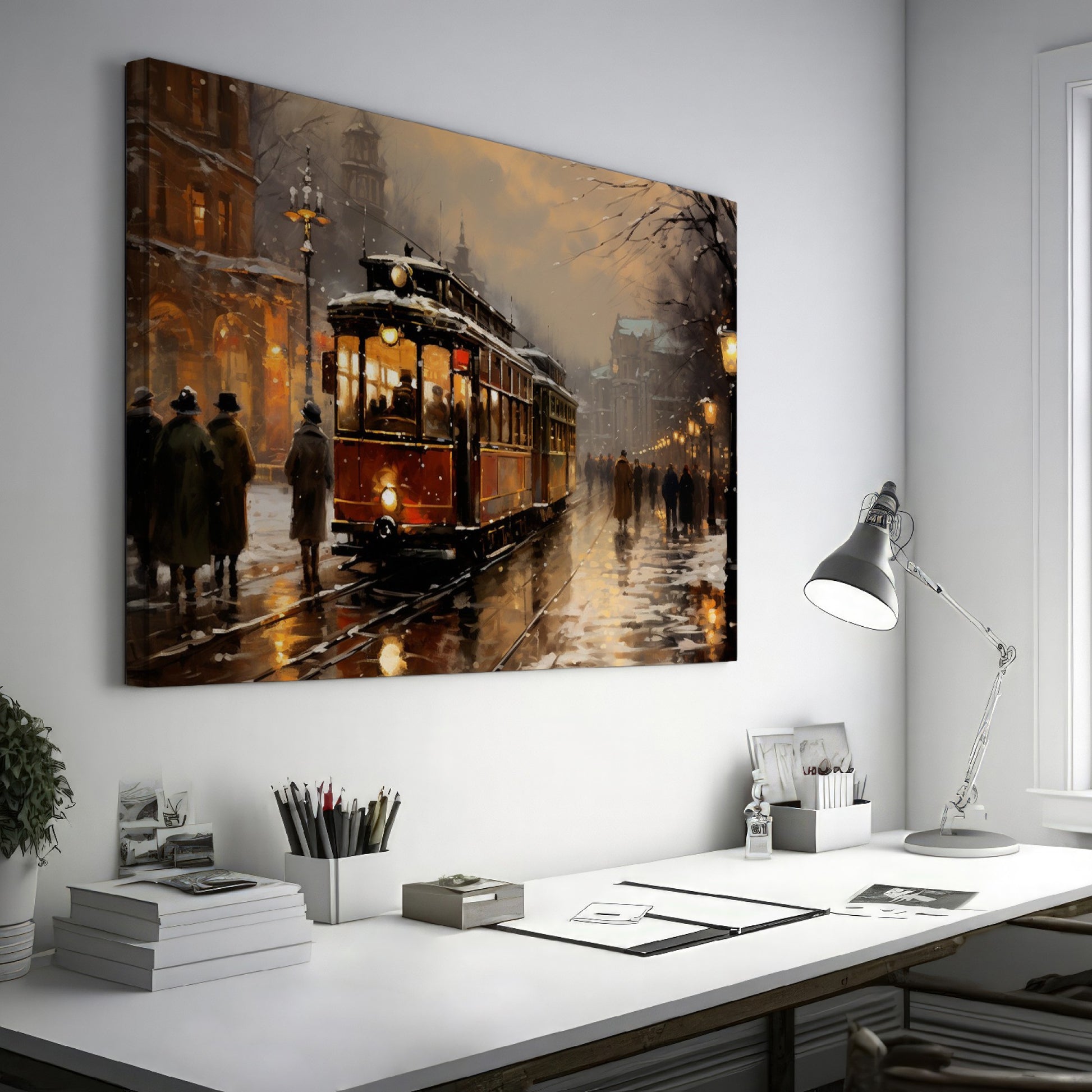 Framed canvas print of a vintage tram on snowy city street at twilight with glowing lamps