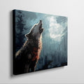 Framed canvas print of a majestic wolf howling in a mystical forest with striking blue and black tones