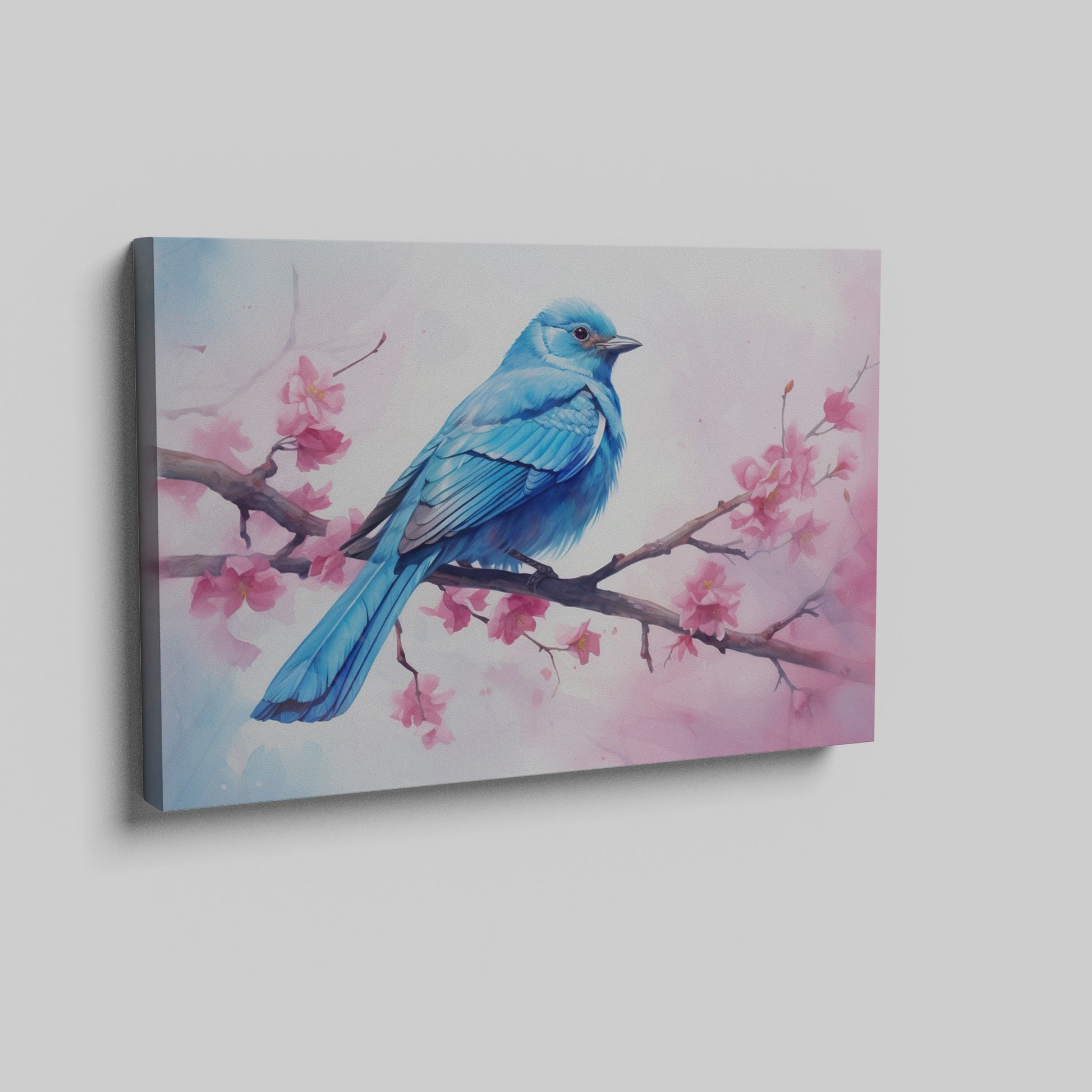 Framed canvas print of a bluebird and cherry blossoms in pastel watercolour