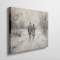 Framed canvas print of a couple walking hand-in-hand through a tranquil snowy landscape with warm earthy tones and soft whites.