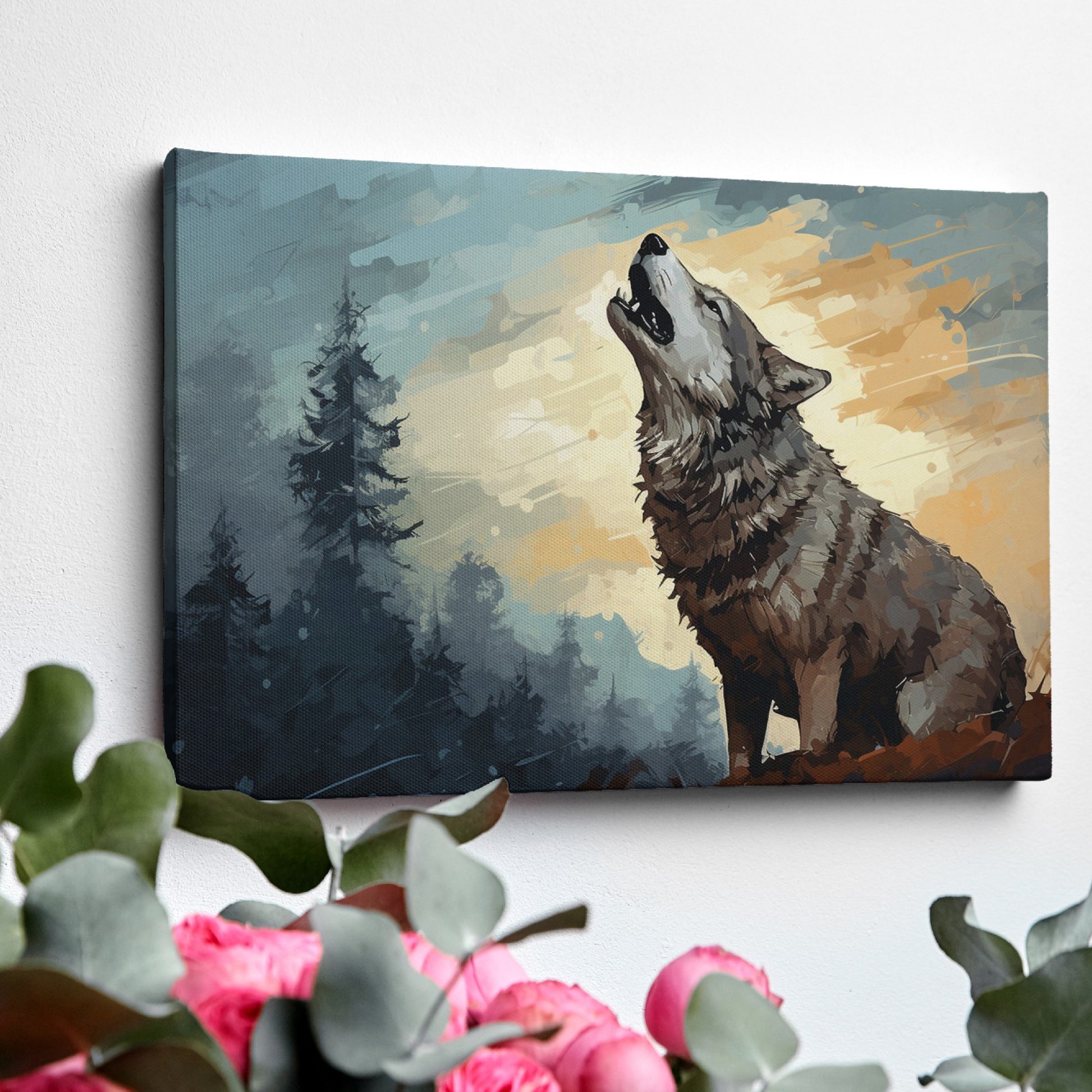 Framed canvas print of a howling wolf in a forest at dusk with vibrant earthy tones