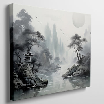 Framed canvas print of Oriental ink wash painting with misty mountains and pagoda