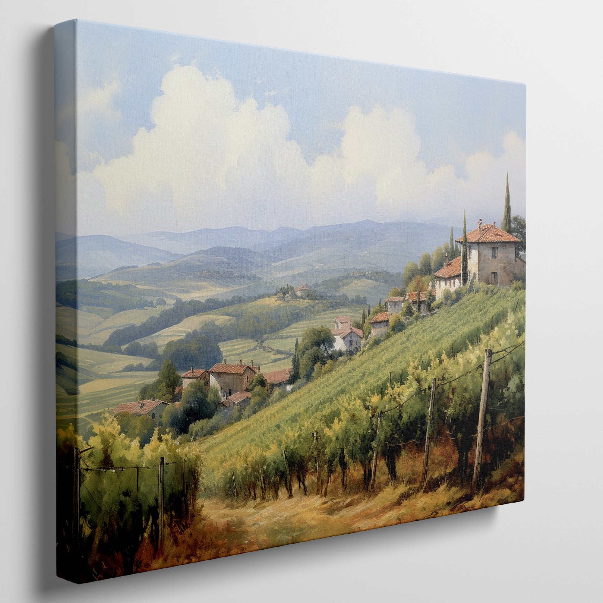 Framed canvas print of a sunny Tuscan landscape with vineyards and rustic houses