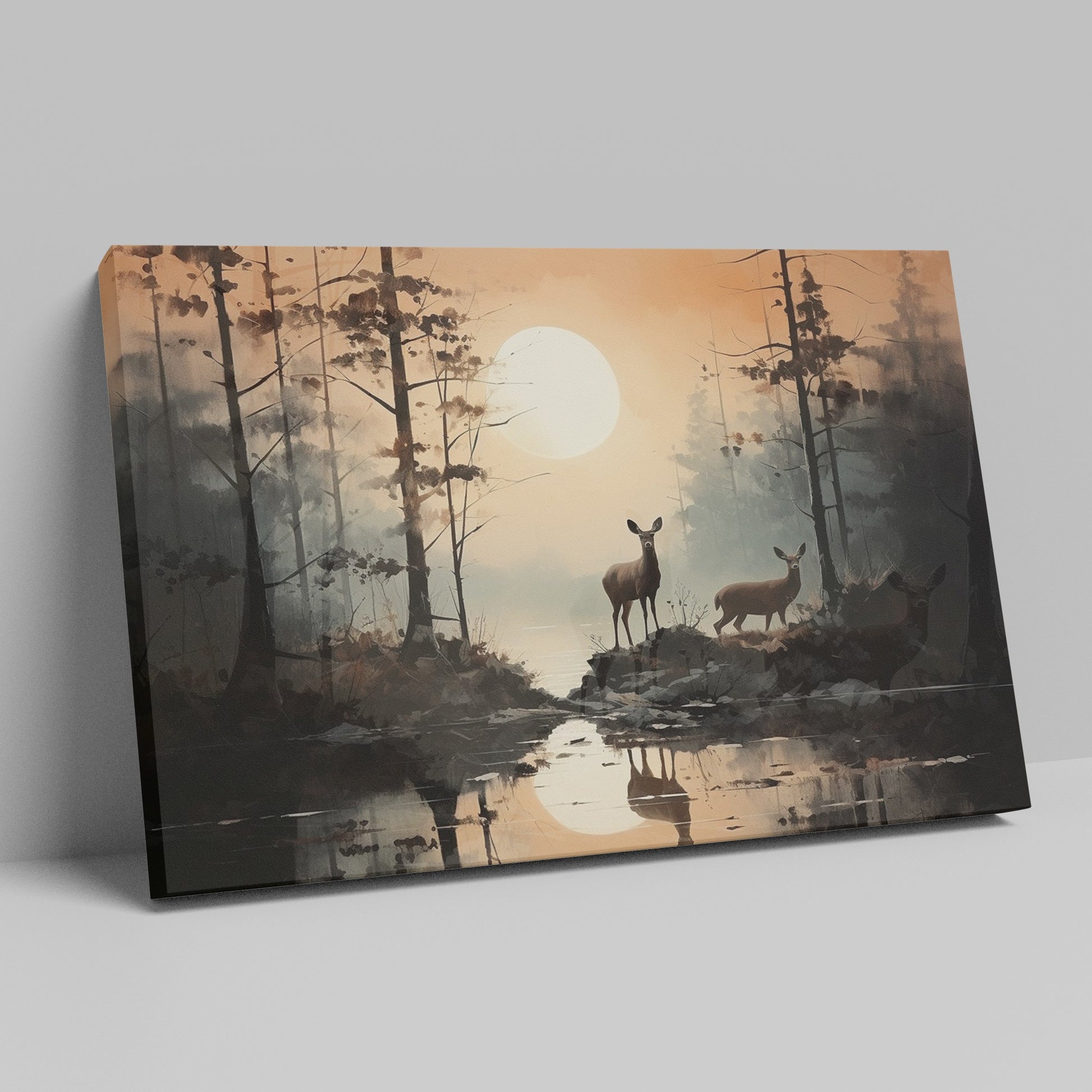 Framed canvas print of serene forest scenery with deer and sunset