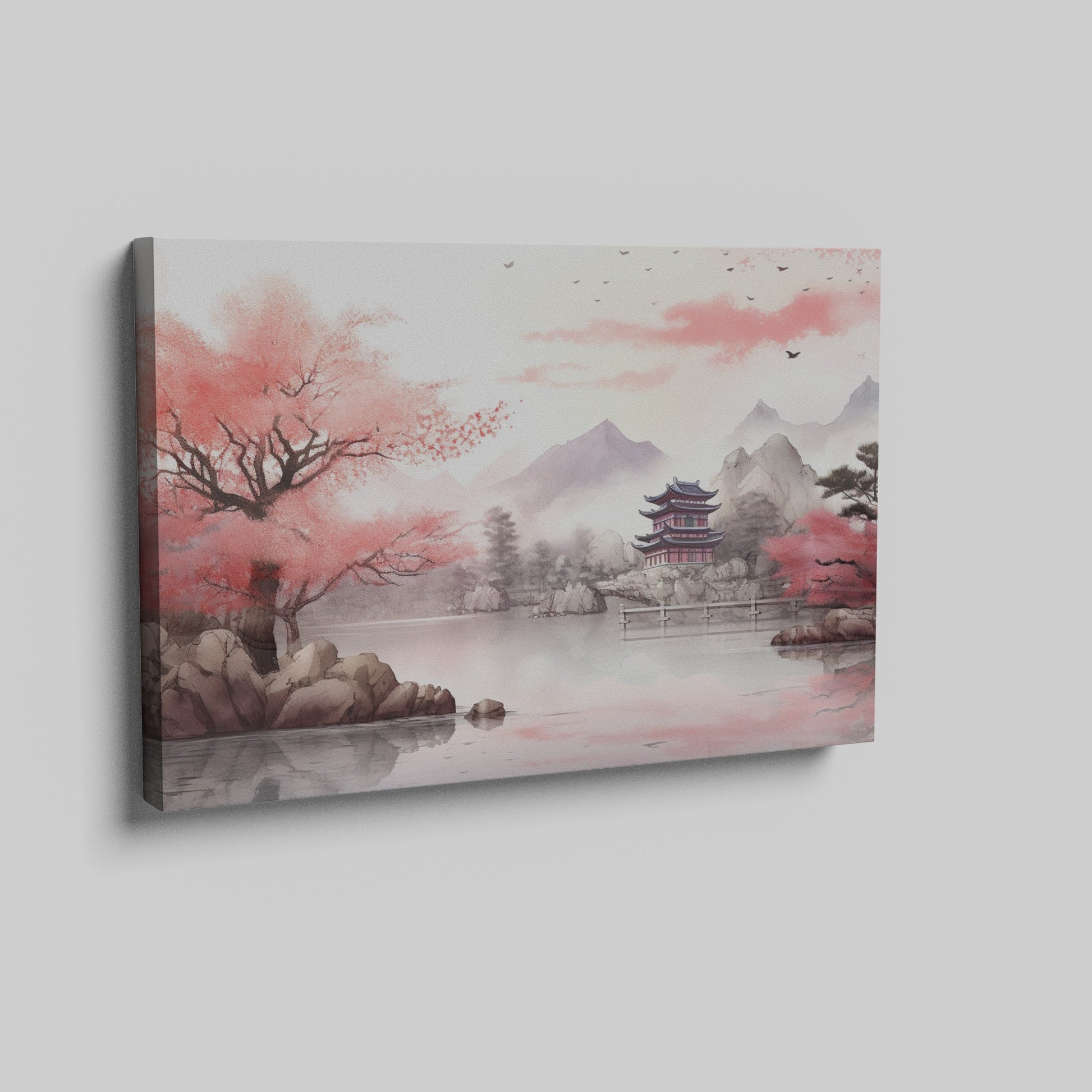 Framed canvas print of oriental landscape with cherry blossoms and pagoda