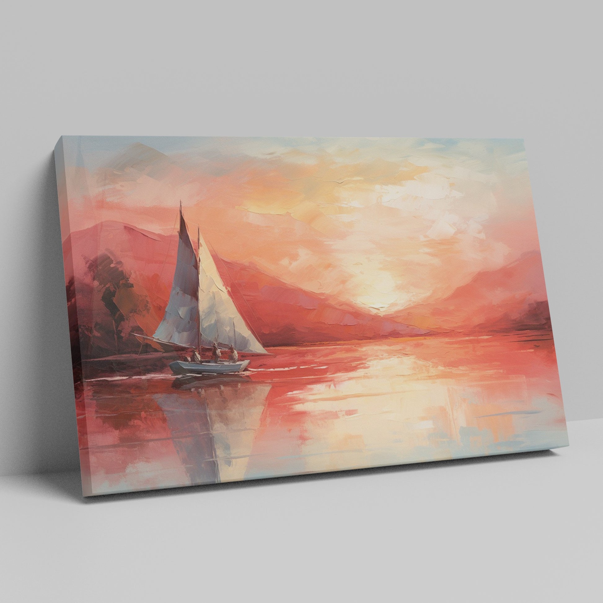 Framed canvas print of sailboats at sunset with orange and blue tones