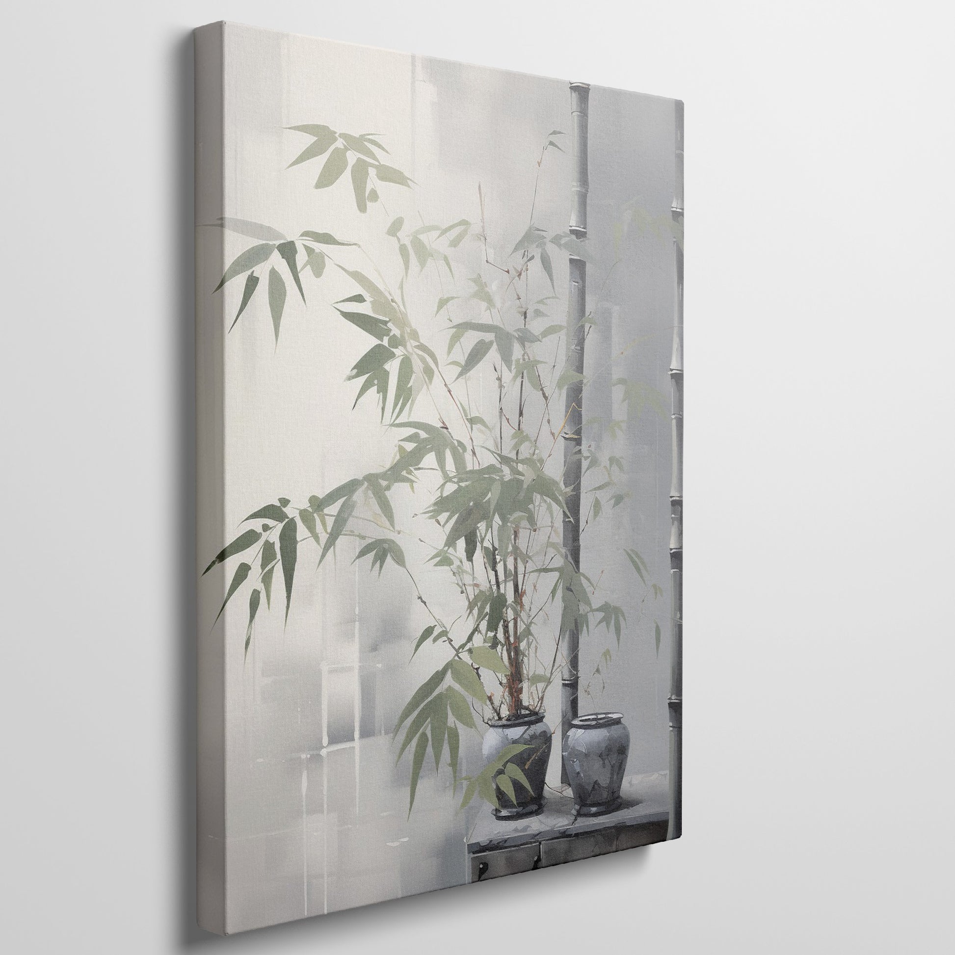 Realistic canvas art of green bamboo leaves and ceramic pots against grey background