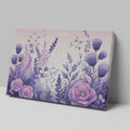 Framed canvas print of stylised floral meadow with pastel purple and pink tones