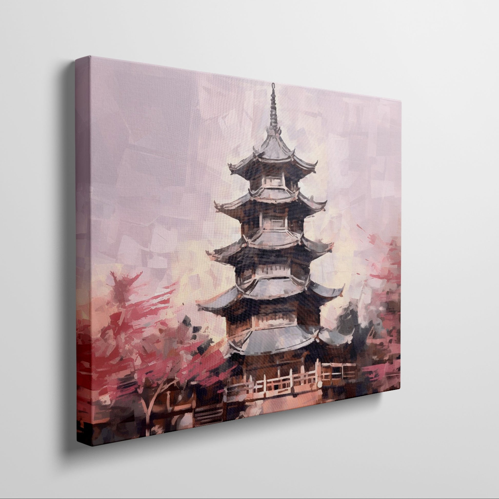 Framed canvas print of a tranquil pagoda with cherry blossoms in soft pastel hues