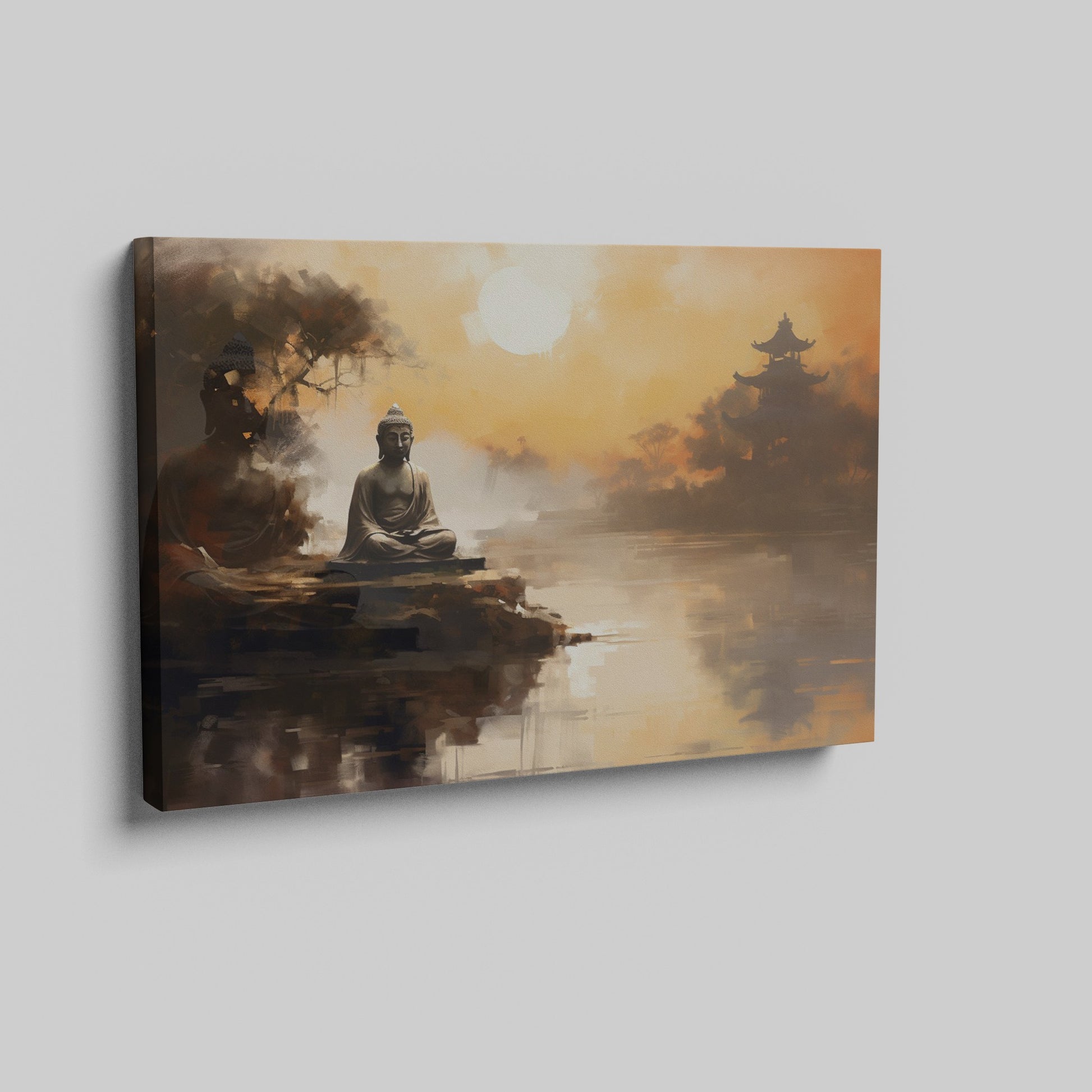 Framed canvas print of a serene Buddha statue at sunset with oriental temple and reflective water