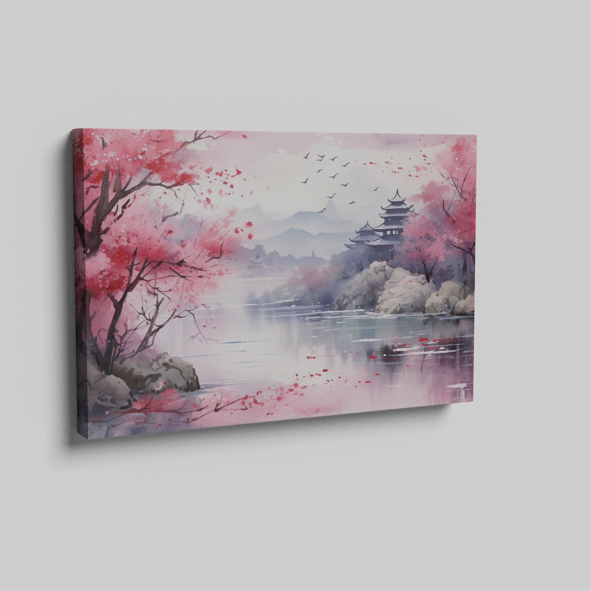 Framed canvas print of Oriental watercolour landscape with pink cherry blossoms, serene lake, and pagoda