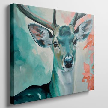 Framed canvas print of a vibrant, modern depiction of a stag with abstract elements