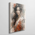 Abstract-impressionist portrait of a woman with brown hair and red accents on a canvas