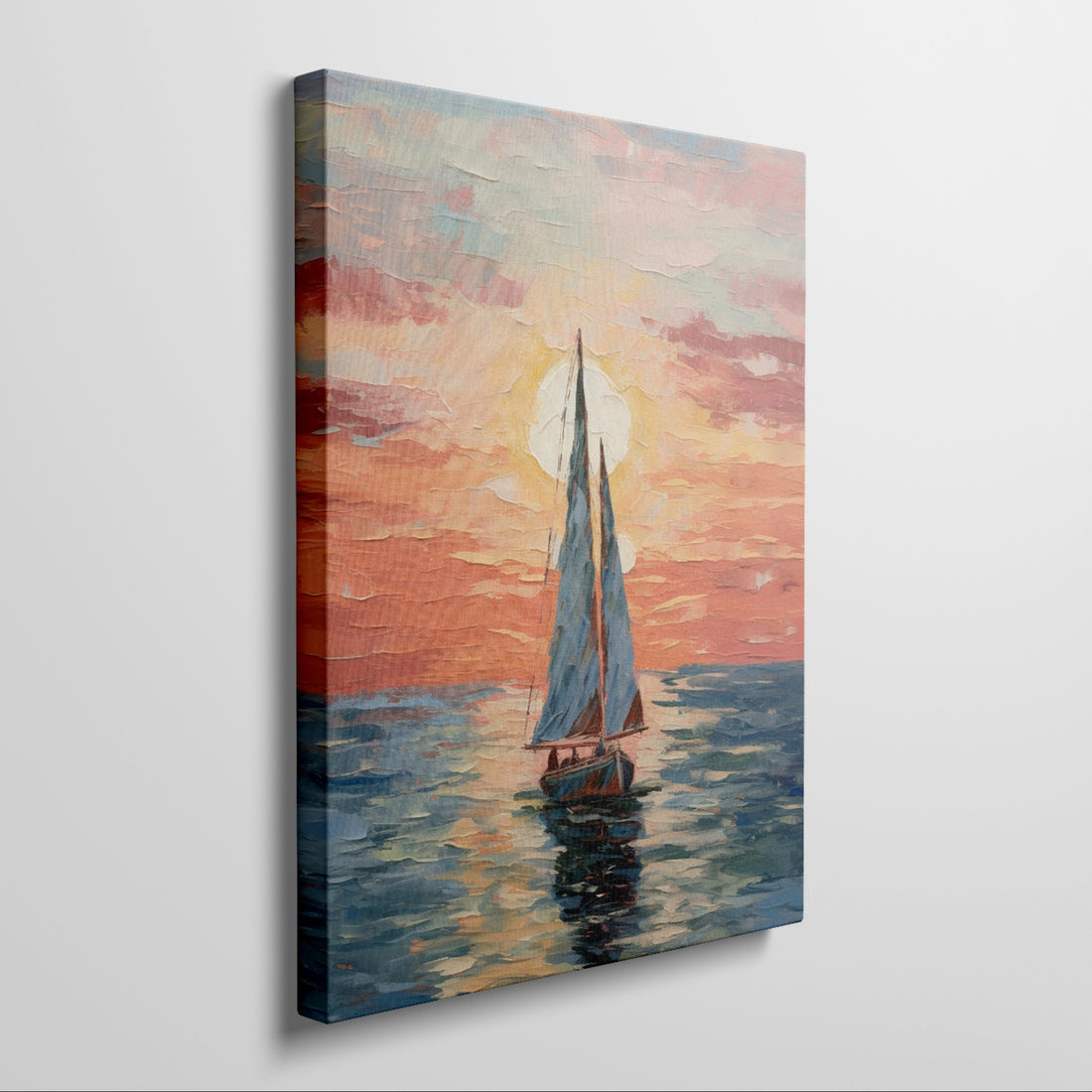 Impressionist painting of a sailboat sailing at sunset with a vivid orange sky reflected in the sea.