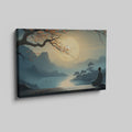 Framed canvas print of a serene Oriental landscape with a meditative figure under a tree against a sunrise backdrop