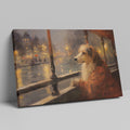 Framed canvas print of a dog looking out of a window at a city scene with warm, glowing lights