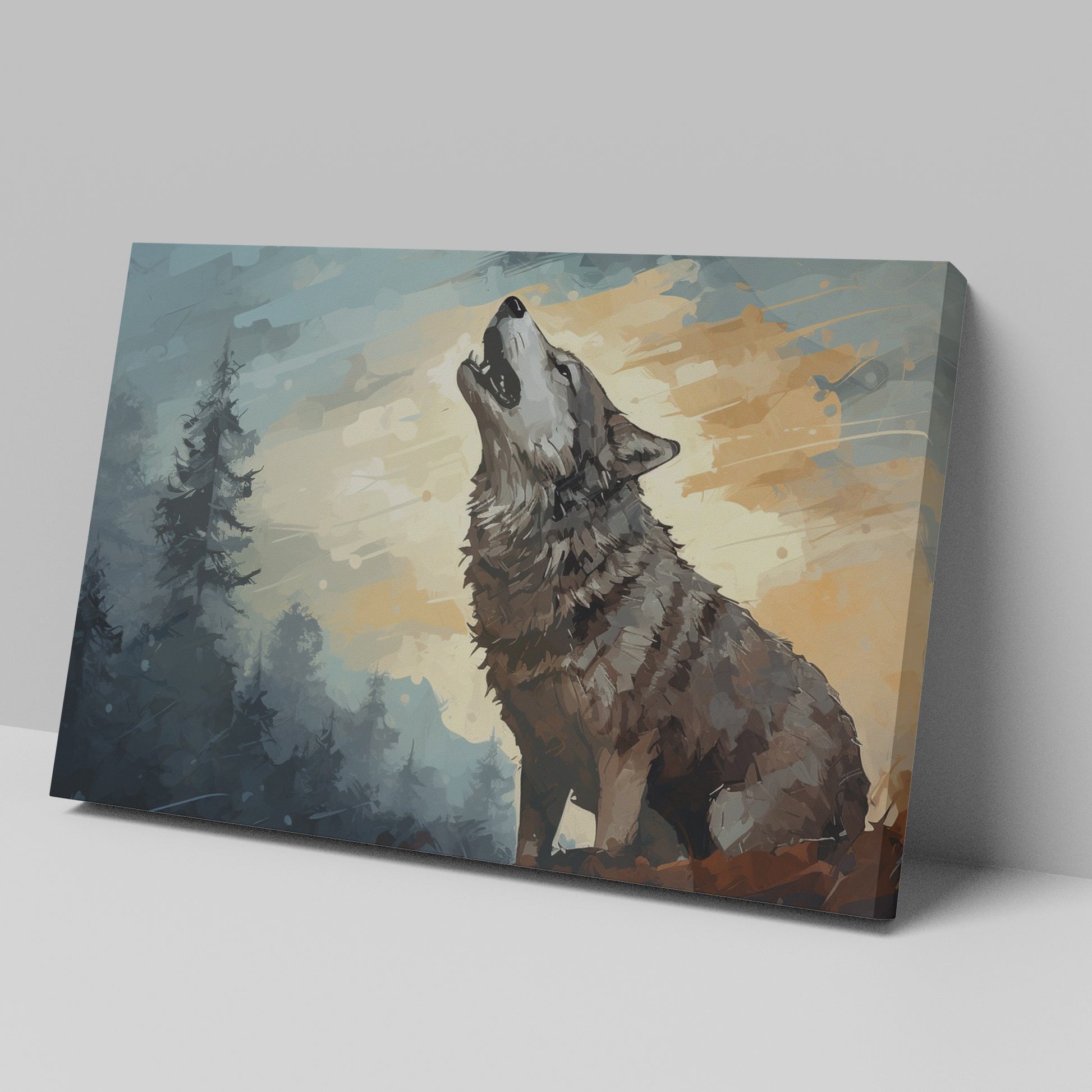 Framed canvas print of a howling wolf in a forest at dusk with vibrant earthy tones