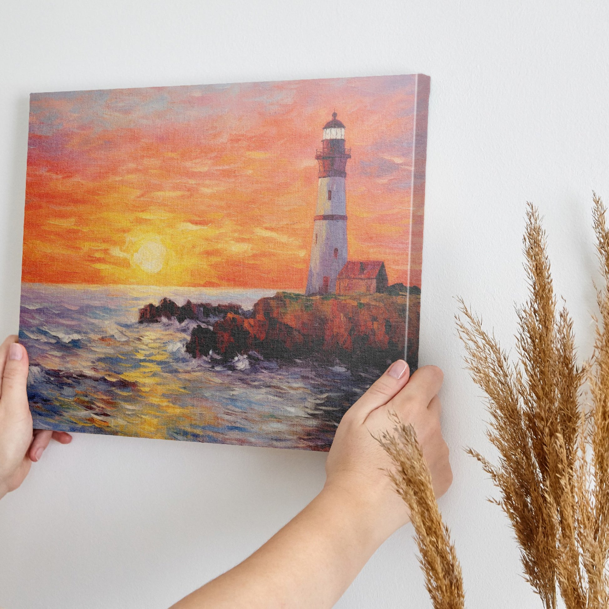 Framed canvas print of a vibrant impasto painting of a lighthouse at sunset with dynamic sea waves and a warm sky