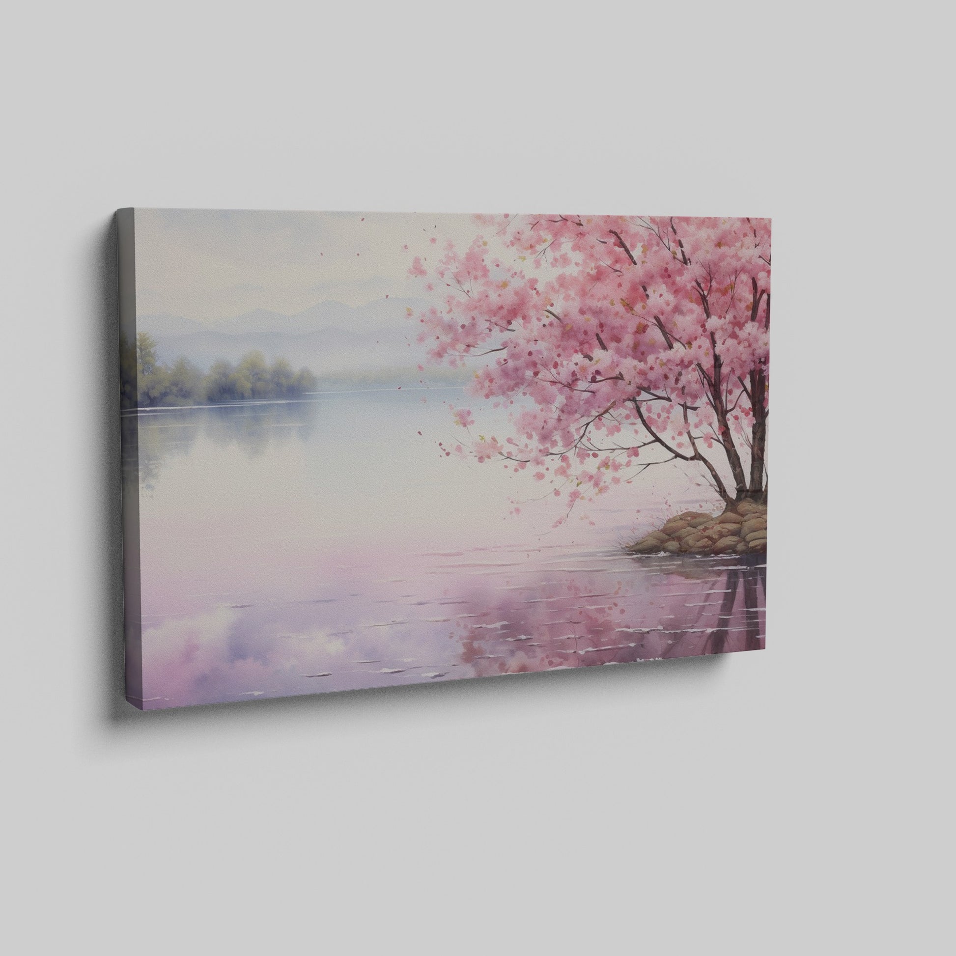 Framed canvas print of a serene cherry blossom tree by a quiet lake with pink and purple reflections