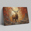 Framed canvas print of a majestic stag in an autumn forest with fiery red leaves