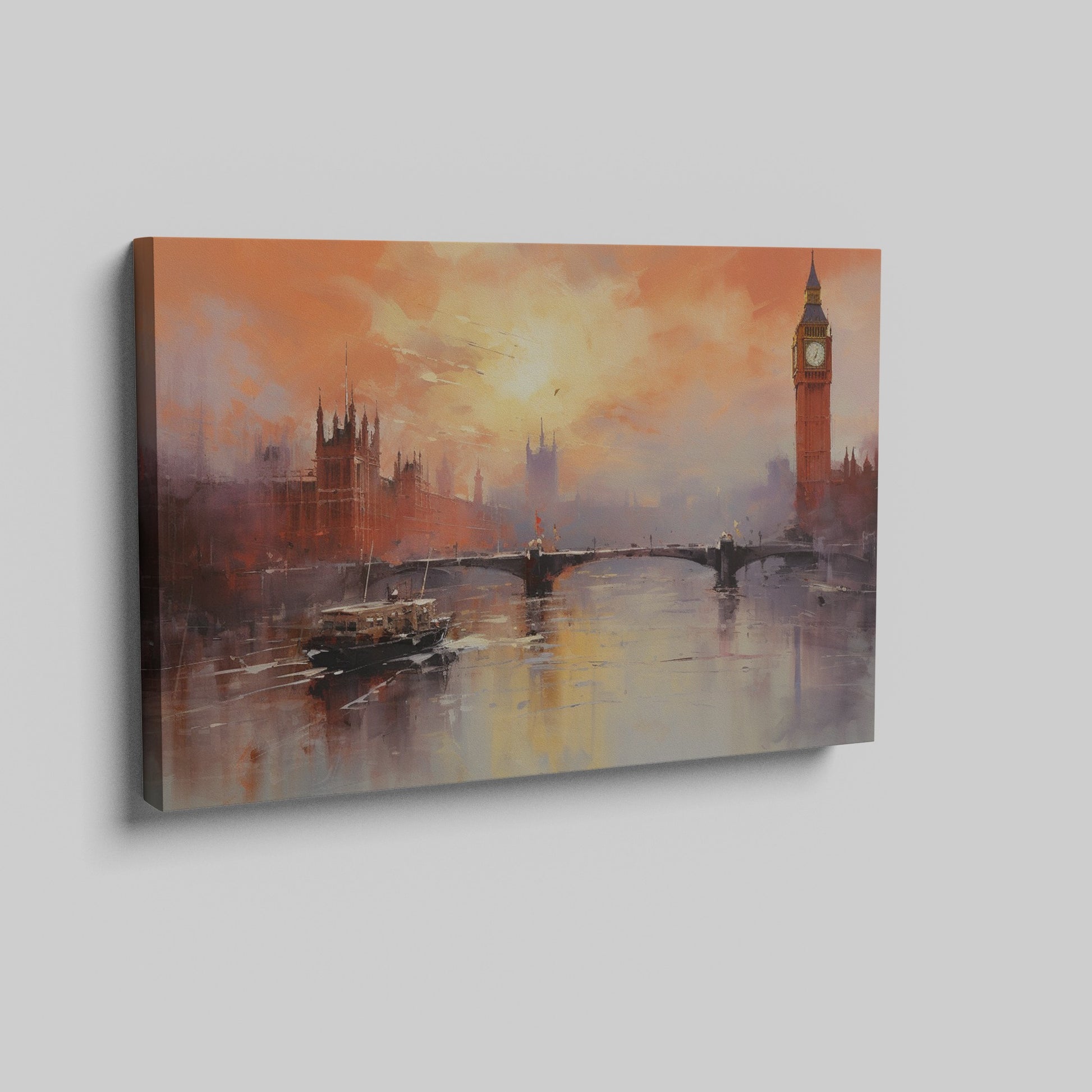 Framed canvas print of impressionist London skyline at sunset with Westminster Bridge and Thames River