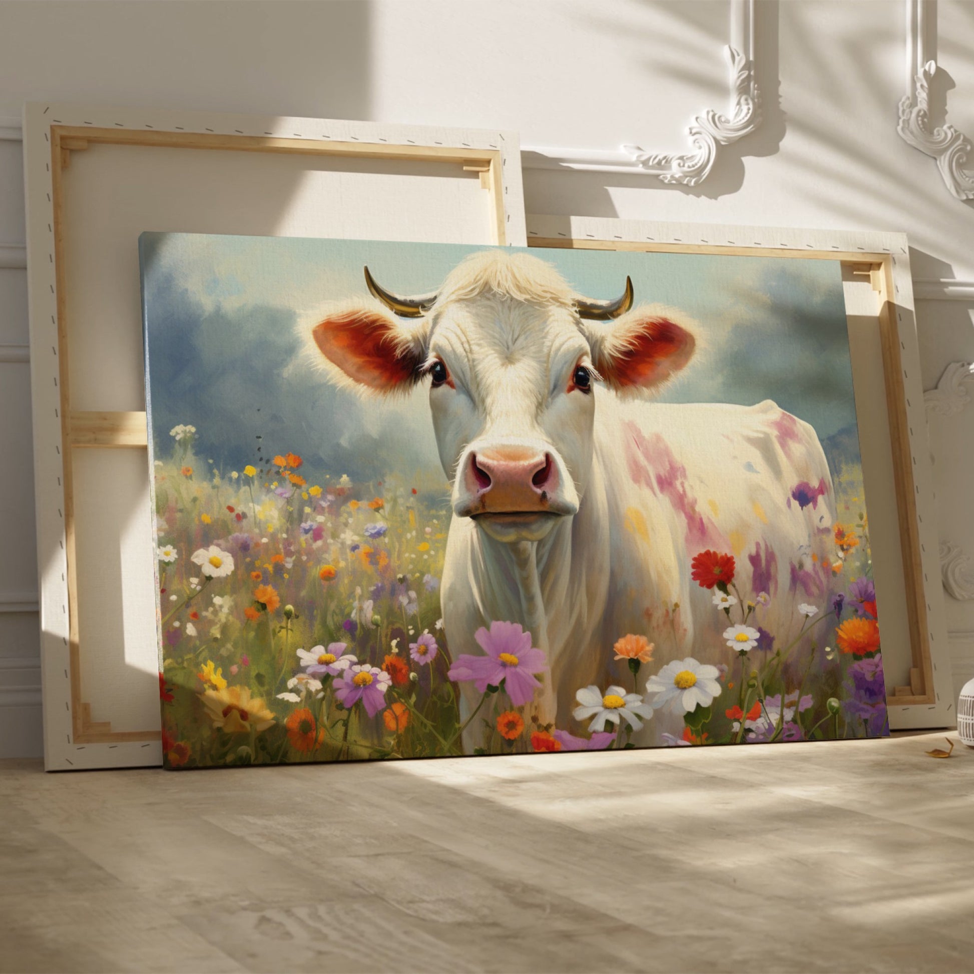 Framed canvas print of a realistic cow in a colourful meadow with wildflowers